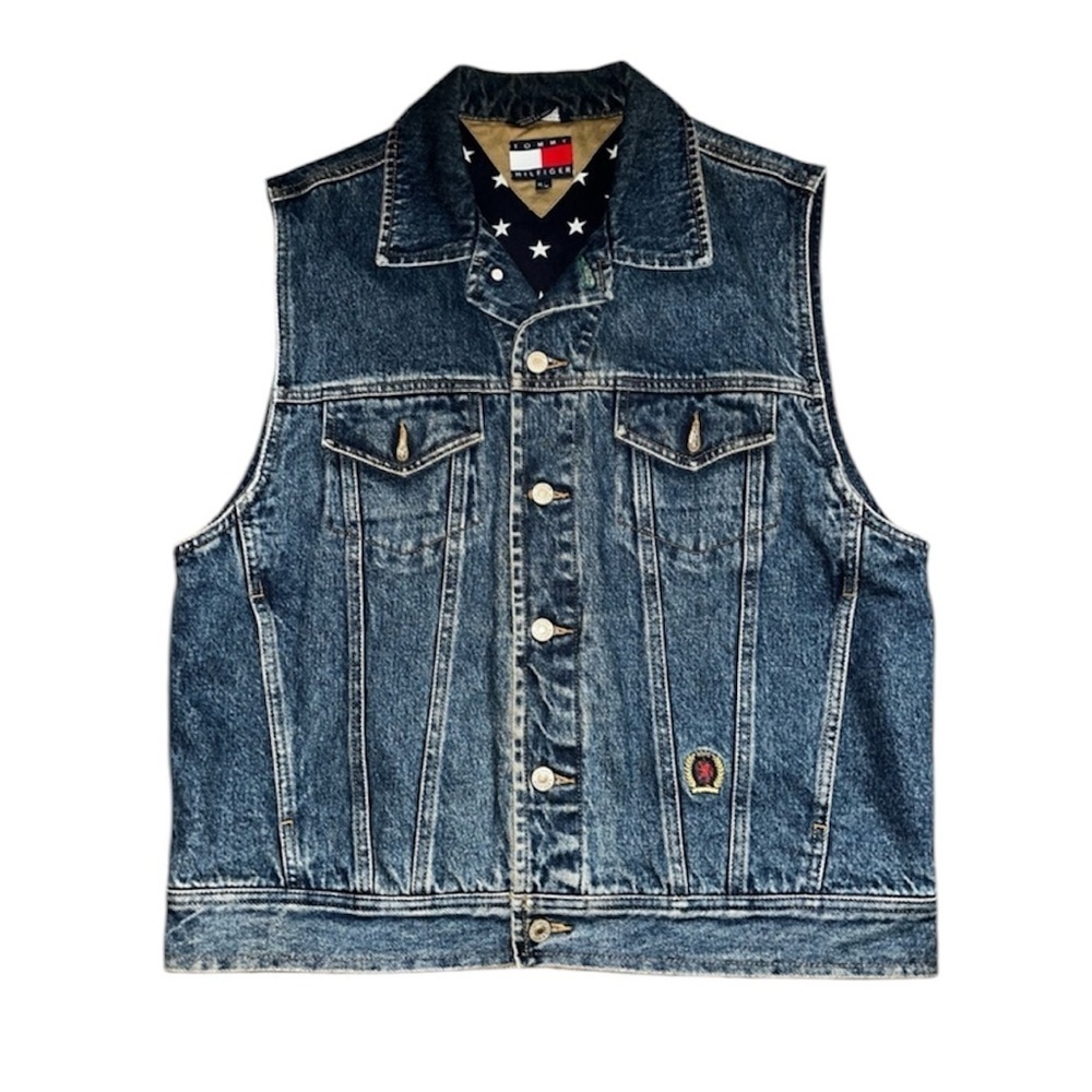 Vintage Tommy Hilfiger Denim Cotton blue Jean Vest Monogram Crest Vest 90 size L